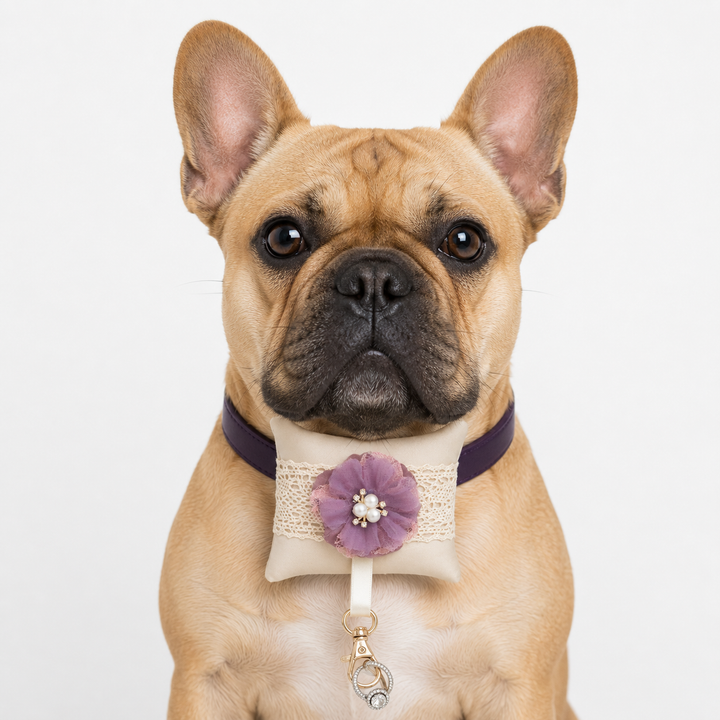 Dusty Purple Pearl Floral Ring Bearer Dog Pillow with Lace Detail