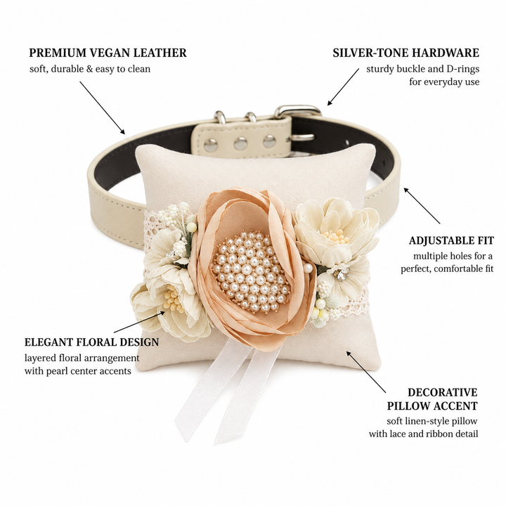 Champagne Pearl Floral Ring Bearer Dog Pillow with Ivory Flowers