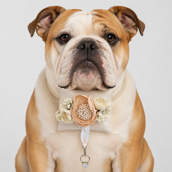 Champagne Pearl Floral Ring Bearer Dog Pillow with Ivory Flowers