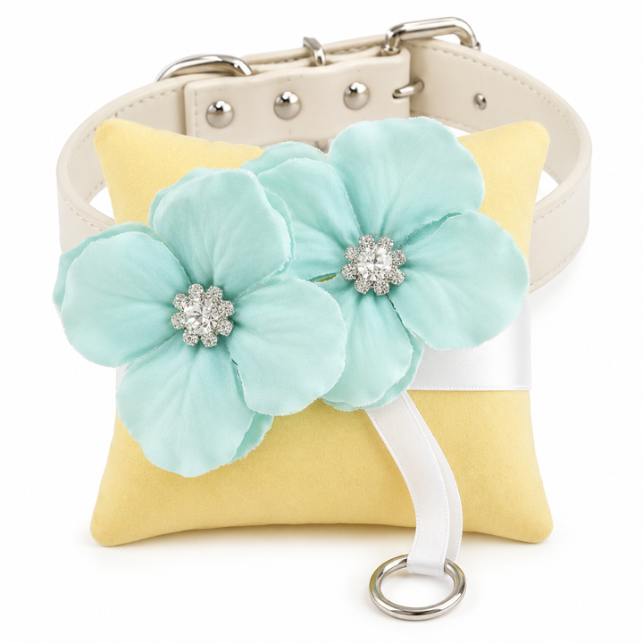 Aqua Blue Floral Ring Bearer Dog Pillow with Crystal Accents