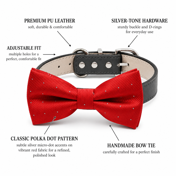 Red Ring Bearer Wedding Dog Bow Tie Collar with Adjustable Black Vegan Leather Collar