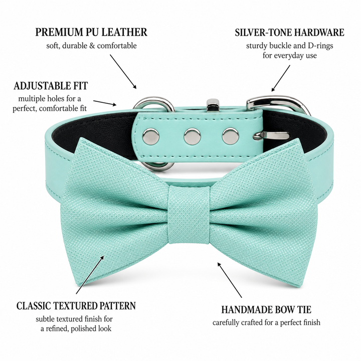 Mint Green Ring Bearer Wedding Dog Bow Tie Collar with Adjustable Matching Vegan Leather Collar