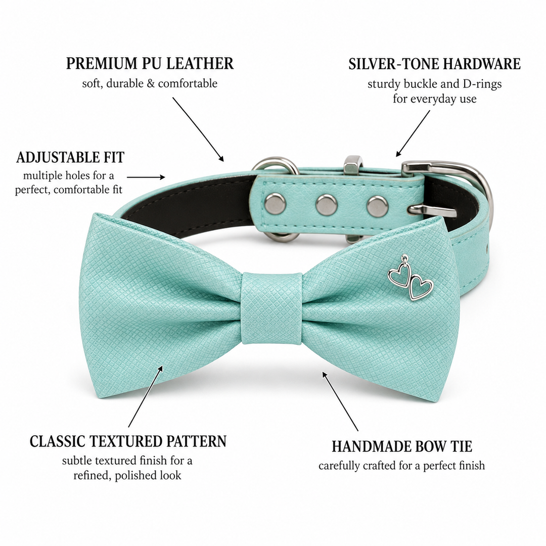 Mint Green Ring Bearer Wedding Dog Bow Tie Collar with Decorative Heart-Shaped Metal Clip and Adjustable Matching Vegan Leather Collar