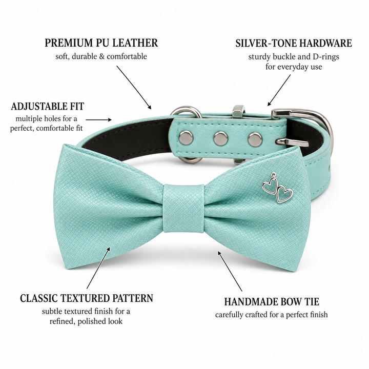 Mint Green Ring Bearer Wedding Dog Bow Tie Collar with Decorative Heart-Shaped Metal Clip and Adjustable Matching Vegan Leather Collar