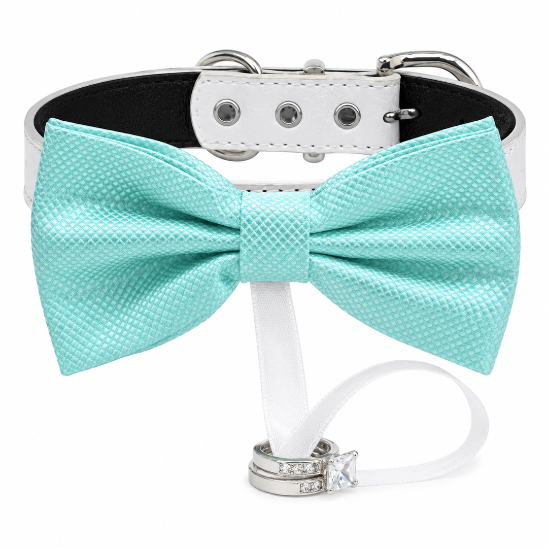 Mint Green Ring Bearer Wedding Dog Bow Tie Collar with Wedding Ring Holder Ribbon and Adjustable White Vegan Leather Collar