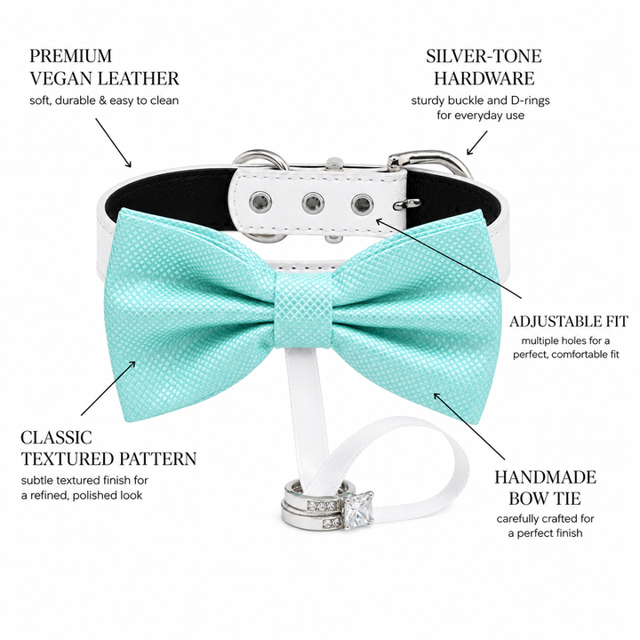 Mint Green Ring Bearer Wedding Dog Bow Tie Collar with Wedding Ring Holder Ribbon and Adjustable White Vegan Leather Collar