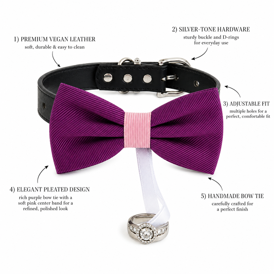 Purple Ring Bearer Wedding Dog Bow Tie Collar with Wedding Ring Holder Ribbon and Adjustable Black Vegan Leather Collar
