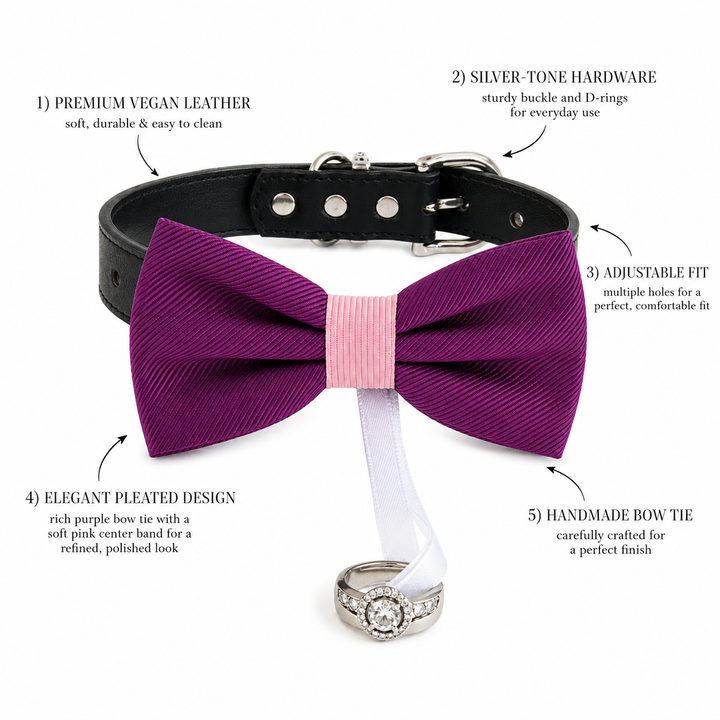 Purple Ring Bearer Wedding Dog Bow Tie Collar with Wedding Ring Holder Ribbon and Adjustable Black Vegan Leather Collar