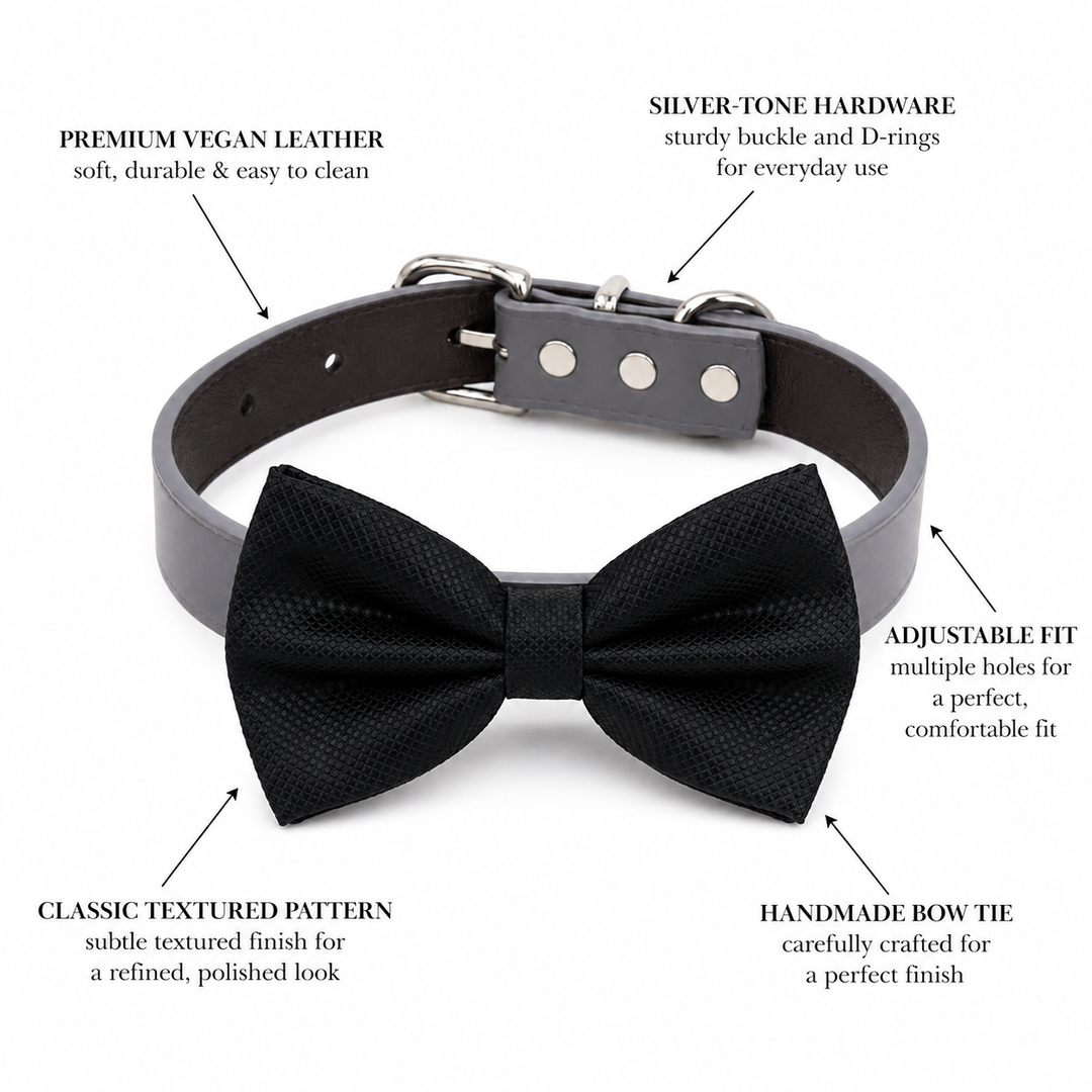 Black Ring Bearer Wedding Dog Bow Tie Collar with Adjustable Gray Vegan Leather Collar