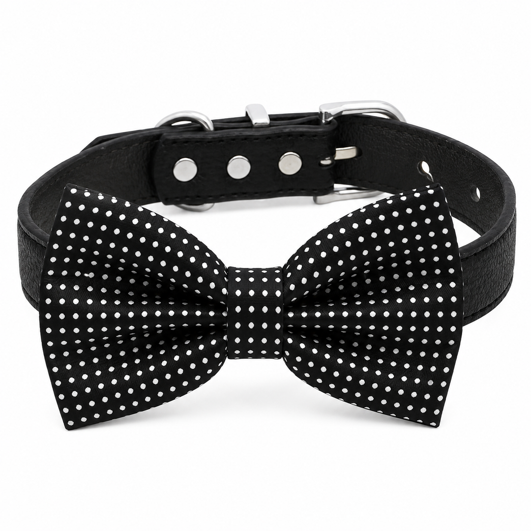 Black Polka Dot Ring Bearer Wedding Dog Bow Tie Collar with Adjustable Black Vegan Leather Collar