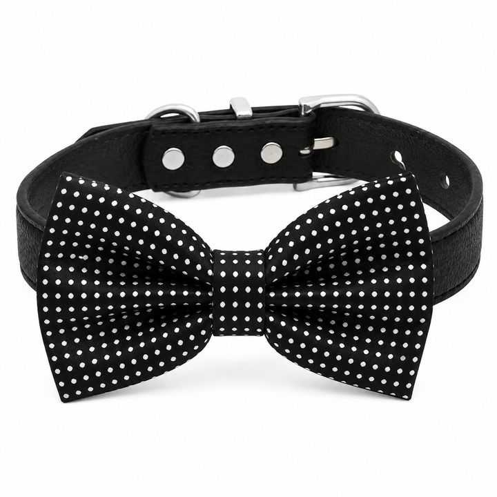 Black Polka Dot Ring Bearer Wedding Dog Bow Tie Collar with Adjustable Black Vegan Leather Collar