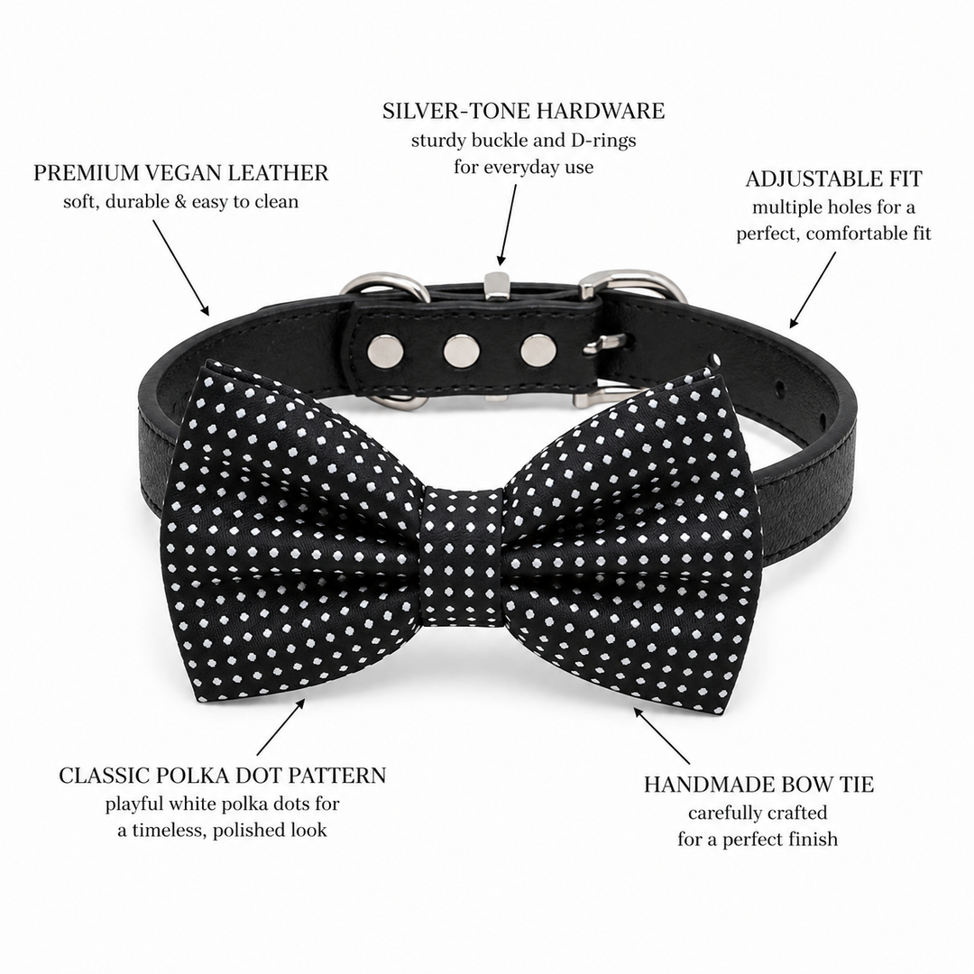 Black Polka Dot Ring Bearer Wedding Dog Bow Tie Collar with Adjustable Black Vegan Leather Collar