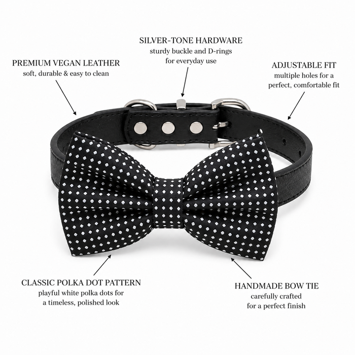 Black Polka Dot Ring Bearer Wedding Dog Bow Tie Collar with Adjustable Black Vegan Leather Collar