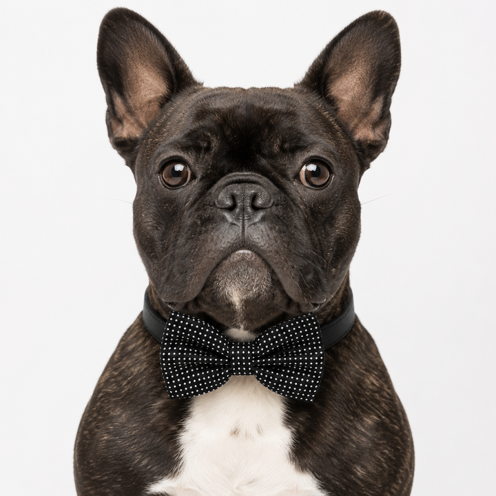 Black Polka Dot Ring Bearer Wedding Dog Bow Tie Collar with Adjustable Black Vegan Leather Collar