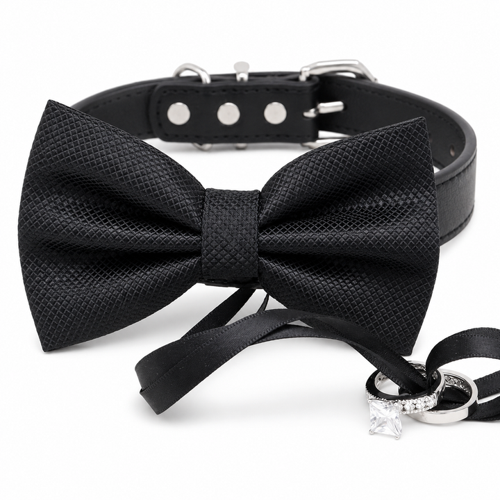 Black Ring Bearer Wedding Dog Bow Tie Collar with Wedding Ring Holder Ribbon and Adjustable Black Vegan Leather Collar