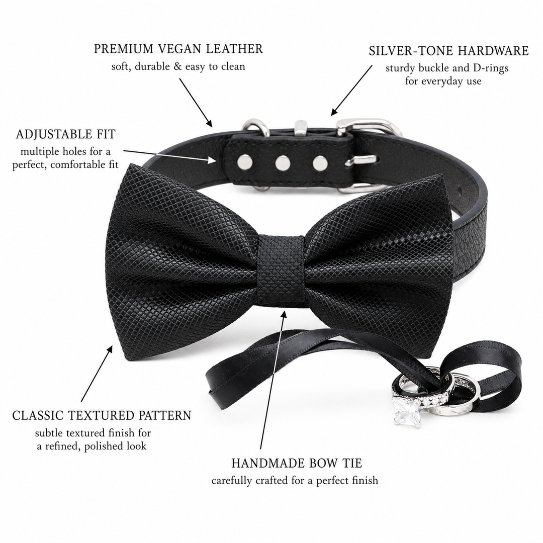 Black Ring Bearer Wedding Dog Bow Tie Collar with Wedding Ring Holder Ribbon and Adjustable Black Vegan Leather Collar