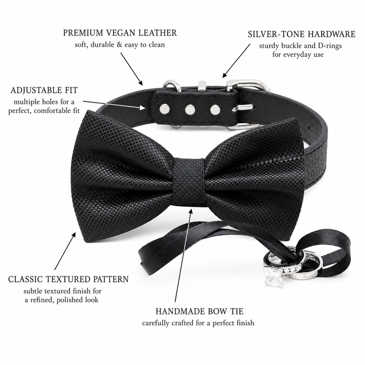Black Ring Bearer Wedding Dog Bow Tie Collar with Wedding Ring Holder Ribbon and Adjustable Black Vegan Leather Collar
