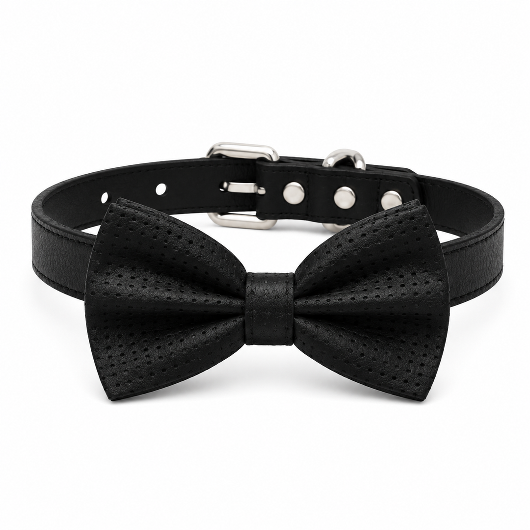 Black Ring Bearer Dog Bow Tie Collar with Black Textured Bow Tie and Black Vegan Leather Collar