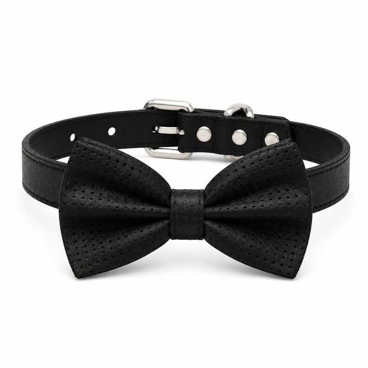 Black Ring Bearer Dog Bow Tie Collar with Black Textured Bow Tie and Black Vegan Leather Collar