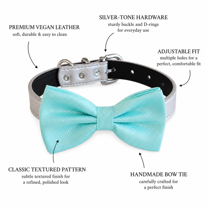 Mint Green Ring Bearer Wedding Dog Bow Tie Collar with Adjustable Silver Vegan Leather Collar