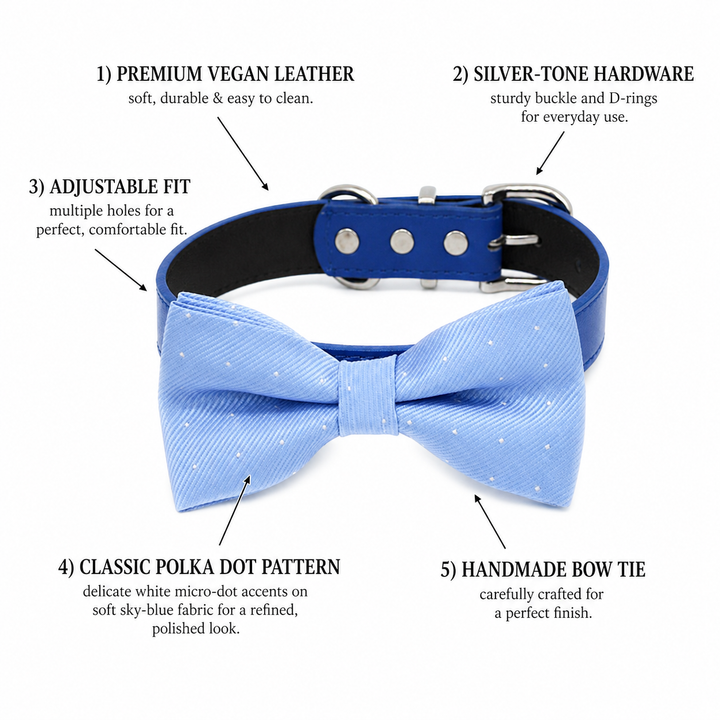 Light Blue Polka Dot Ring Bearer Wedding Dog Bow Tie Collar with Adjustable Royal Blue Vegan Leather Collar