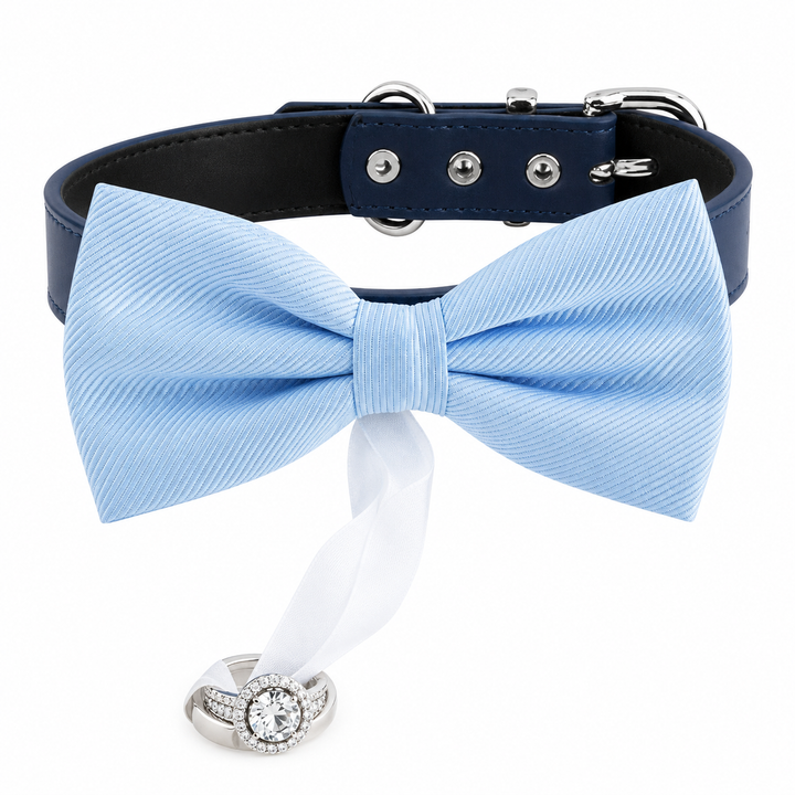 Light Blue Ring Bearer Wedding Dog Bow Tie Collar with Wedding Ring Holder Ribbon and Adjustable Navy Vegan Leather Collar