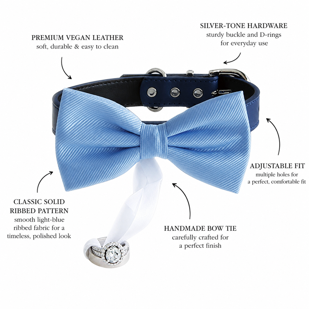 Light Blue Ring Bearer Wedding Dog Bow Tie Collar with Wedding Ring Holder Ribbon and Adjustable Navy Vegan Leather Collar