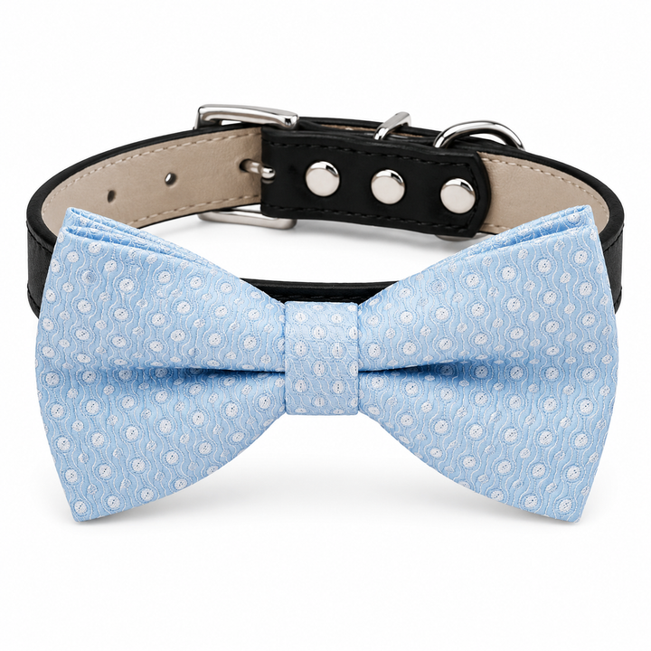 Light Blue Floral Ring Bearer Wedding Dog Bow Tie Collar with Adjustable Black Vegan Leather Collar