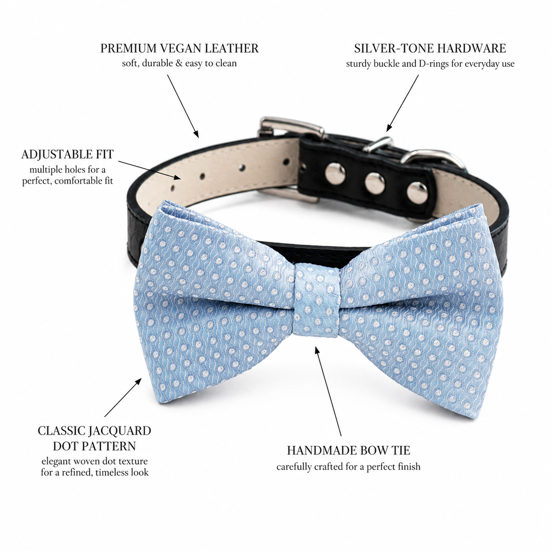 Light Blue Floral Ring Bearer Wedding Dog Bow Tie Collar with Adjustable Black Vegan Leather Collar