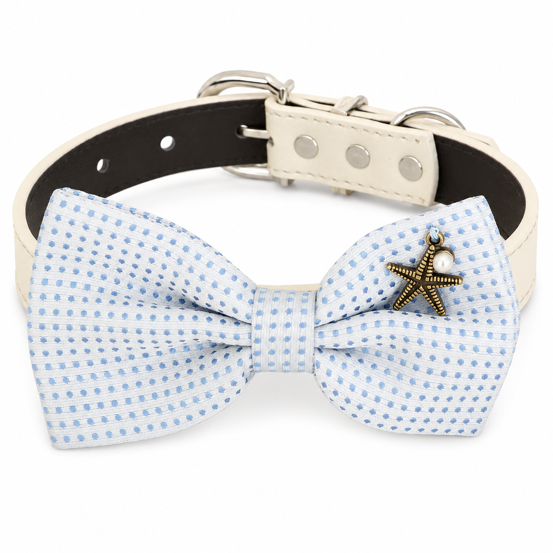 White and Light Blue Polka Dot Wedding Ring Bearer Dog Bow Tie Collar with Starfish Charm and Adjustable Ivory Vegan Leather Collar