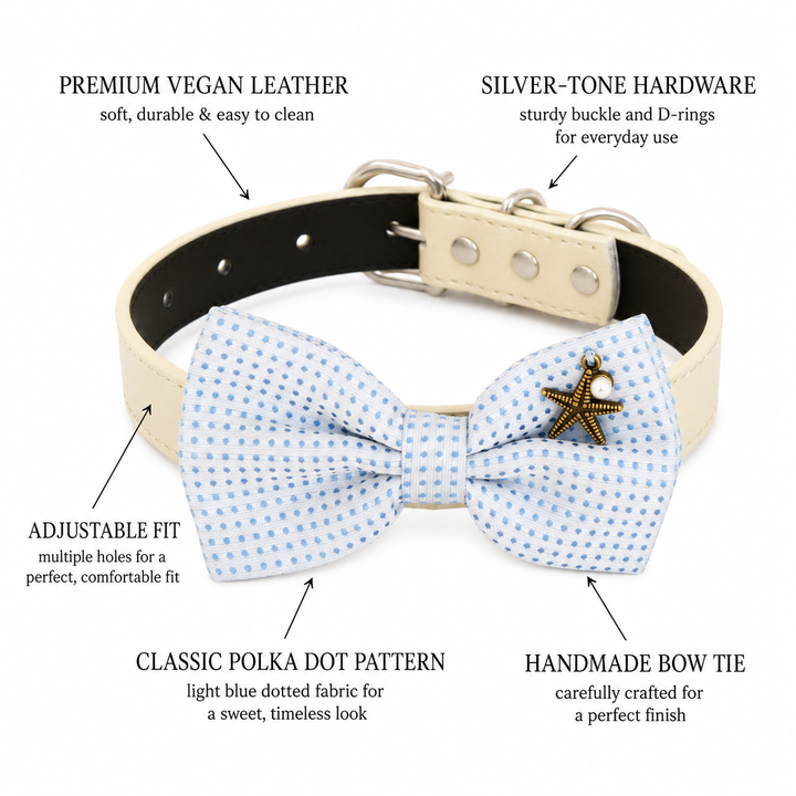 White and Light Blue Polka Dot Wedding Ring Bearer Dog Bow Tie Collar with Starfish Charm and Adjustable Ivory Vegan Leather Collar