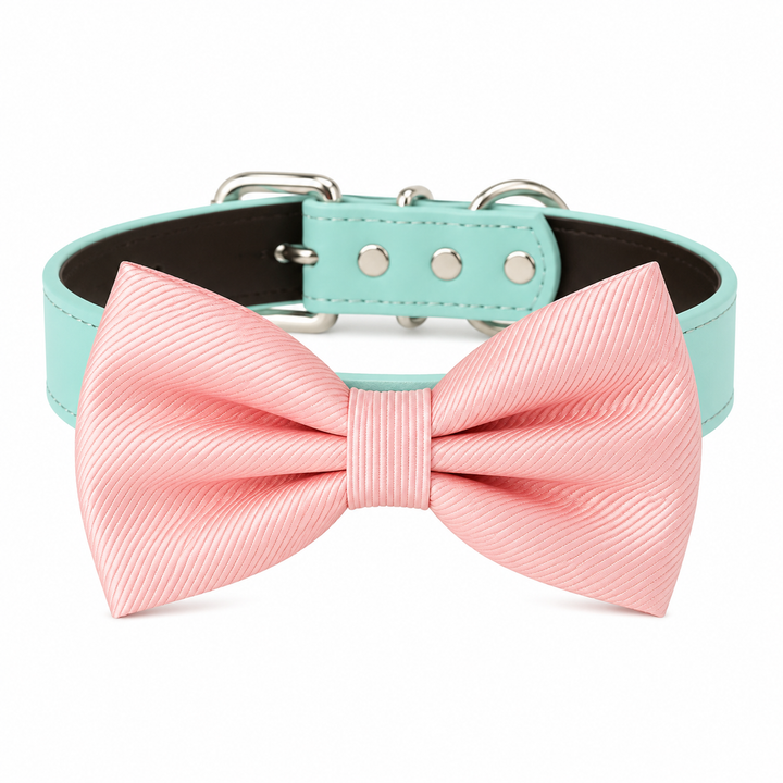 Blush Pink Ring Bearer Wedding Dog Bow Tie Collar with Adjustable Mint Vegan Leather Collar