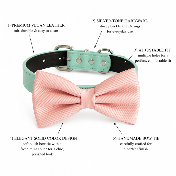 Blush Pink Ring Bearer Wedding Dog Bow Tie Collar with Adjustable Mint Vegan Leather Collar