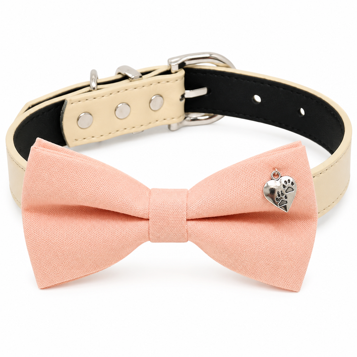 Peach Ring Bearer Wedding Dog Bow Tie Collar with Paw Heart Charm and Adjustable Ivory Vegan Leather Collar