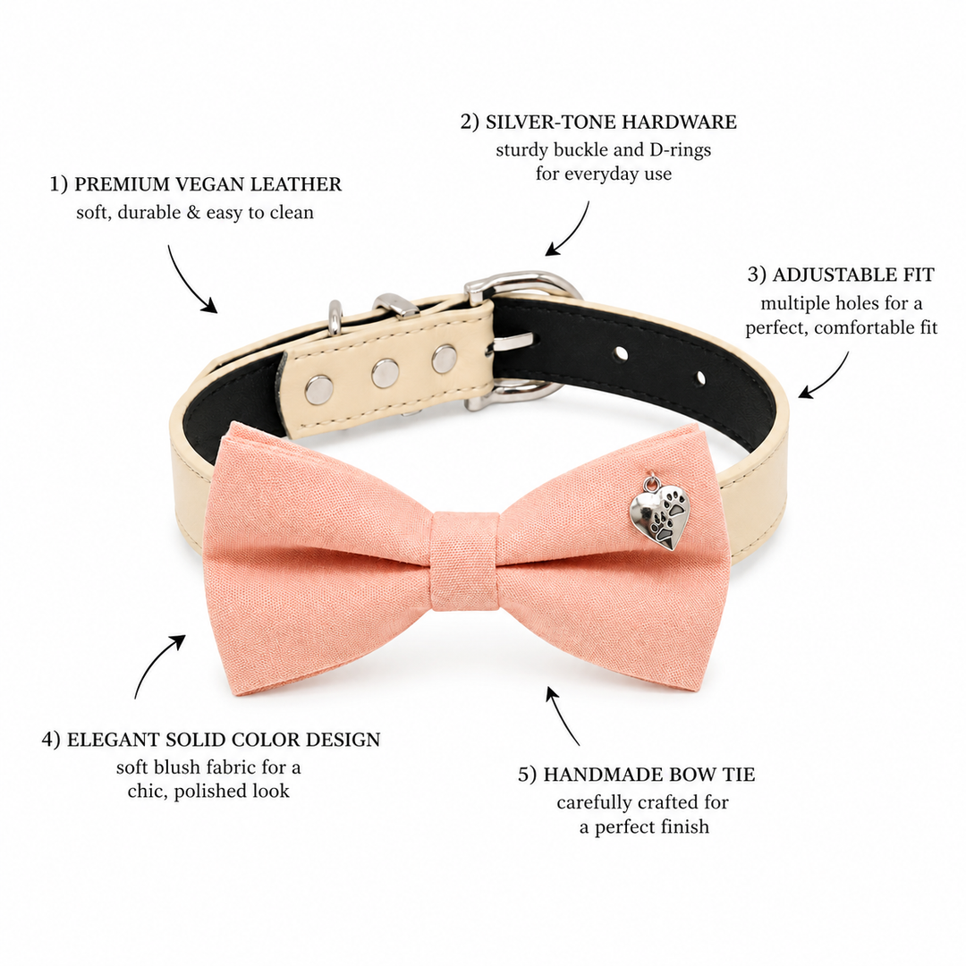 Peach Ring Bearer Wedding Dog Bow Tie Collar with Paw Heart Charm and Adjustable Ivory Vegan Leather Collar