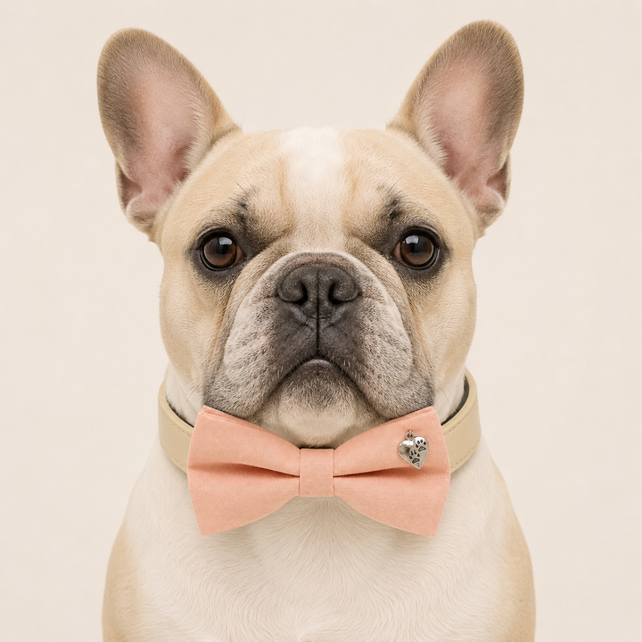 Peach Ring Bearer Wedding Dog Bow Tie Collar with Paw Heart Charm and Adjustable Ivory Vegan Leather Collar