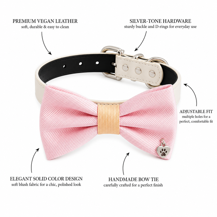 Pink Ring Bearer Wedding Dog Bow Tie Collar with Paw Heart Charm and Adjustable Ivory Vegan Leather Collar