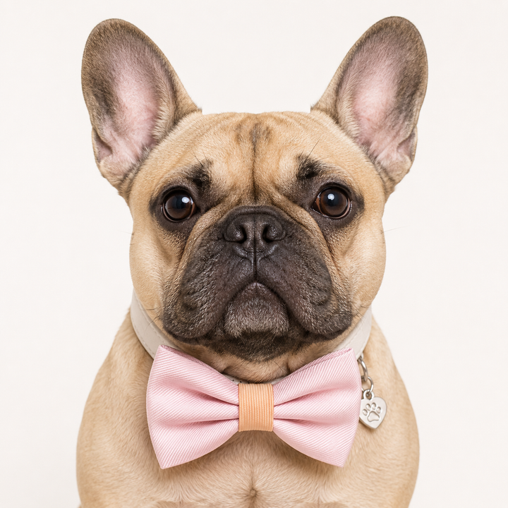 Pink Ring Bearer Wedding Dog Bow Tie Collar with Paw Heart Charm and Adjustable Ivory Vegan Leather Collar