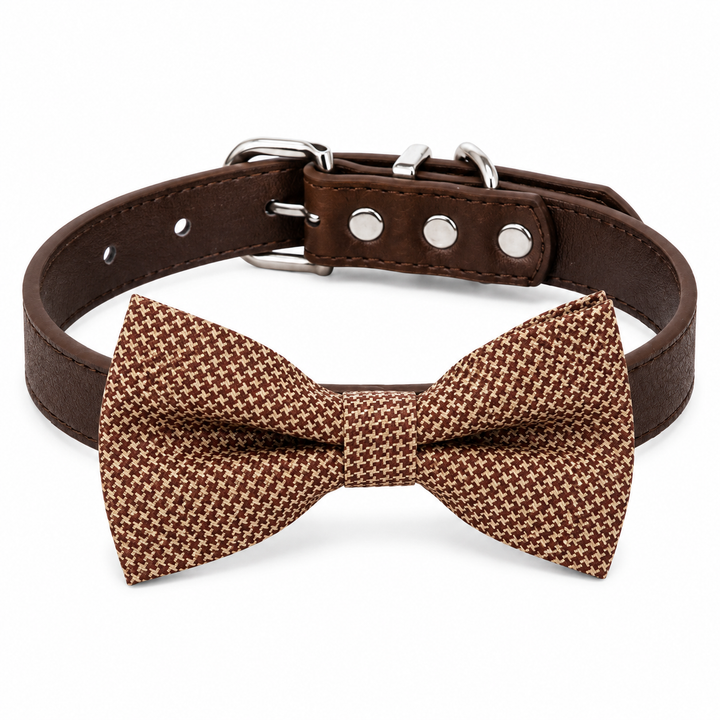 Brown Ring Bearer Wedding Dog Bow Tie Collar with Adjustable Brown Vegan Leather Collar