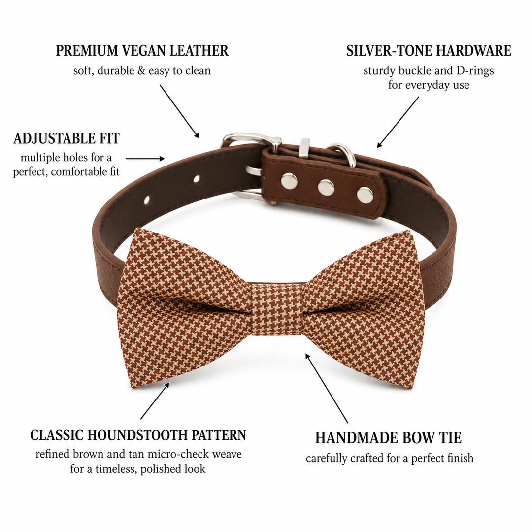 Brown Ring Bearer Wedding Dog Bow Tie Collar with Adjustable Brown Vegan Leather Collar