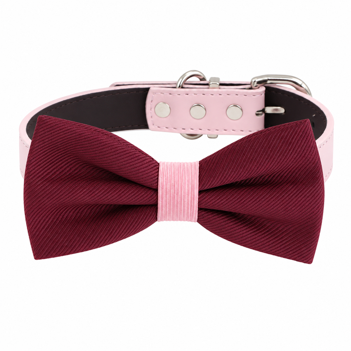 Burgundy Ring Bearer Wedding Dog Bow Tie Collar with Adjustable Pink Vegan Leather Collar
