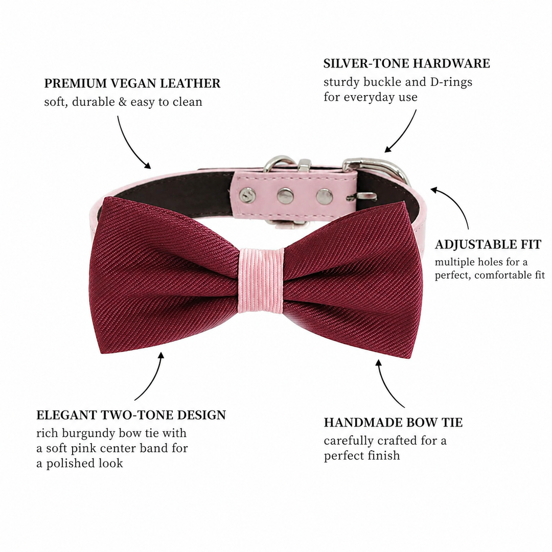 Burgundy Ring Bearer Wedding Dog Bow Tie Collar with Adjustable Pink Vegan Leather Collar