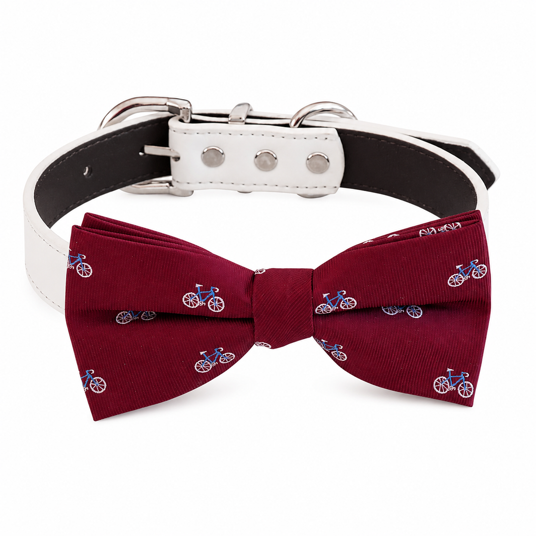 Burgundy Bicycle Print Ring Bearer Wedding Dog Bow Tie Collar with Adjustable White Vegan Leather Collar