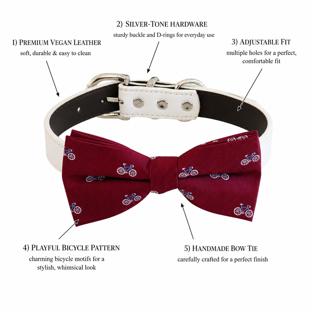Burgundy Bicycle Print Ring Bearer Wedding Dog Bow Tie Collar with Adjustable White Vegan Leather Collar
