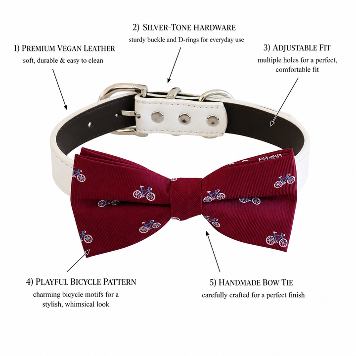 Burgundy Bicycle Print Ring Bearer Wedding Dog Bow Tie Collar with Adjustable White Vegan Leather Collar