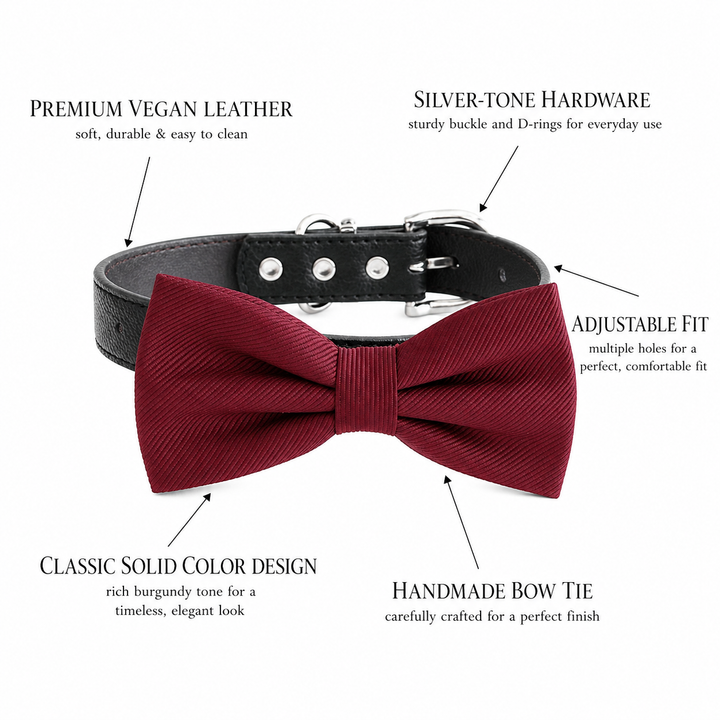 Burgundy Ring Bearer Wedding Dog Bow Tie Collar with Adjustable Black Vegan Leather Collar