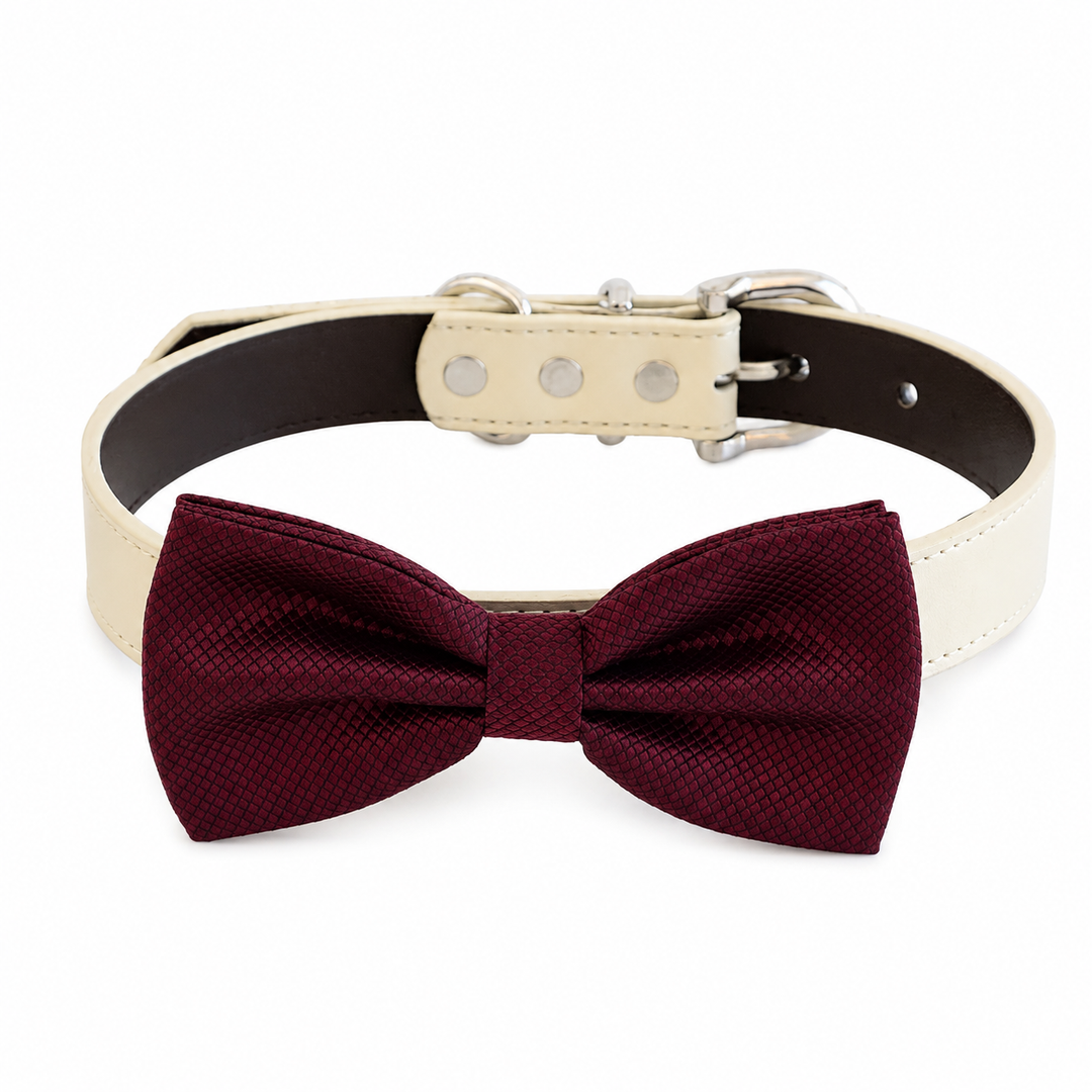 Burgundy Ring Bearer Wedding Dog Bow Tie Collar with Adjustable Ivory Vegan Leather Collar