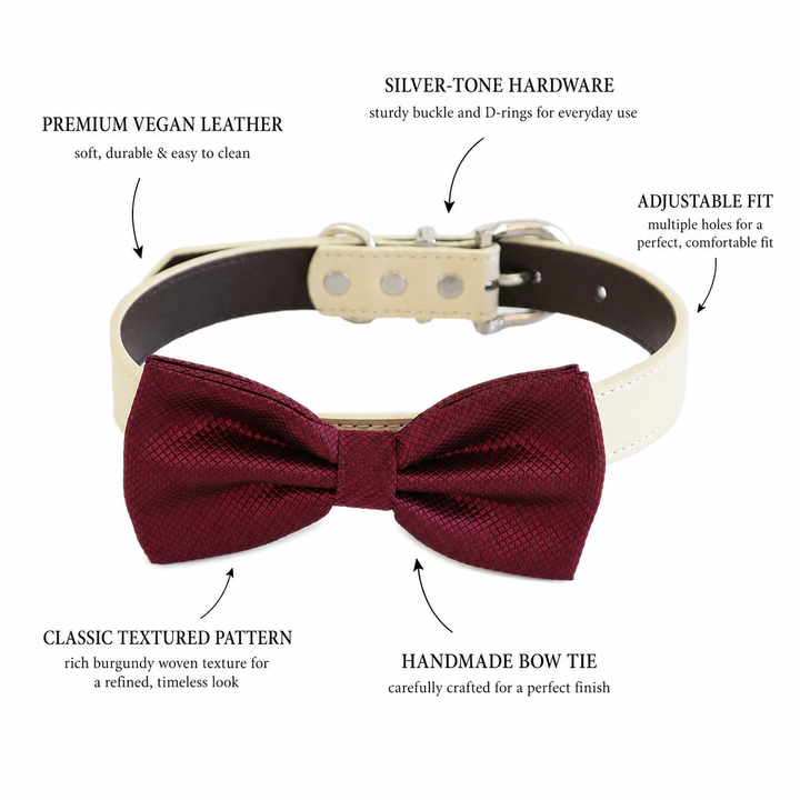 Burgundy Ring Bearer Wedding Dog Bow Tie Collar with Adjustable Ivory Vegan Leather Collar