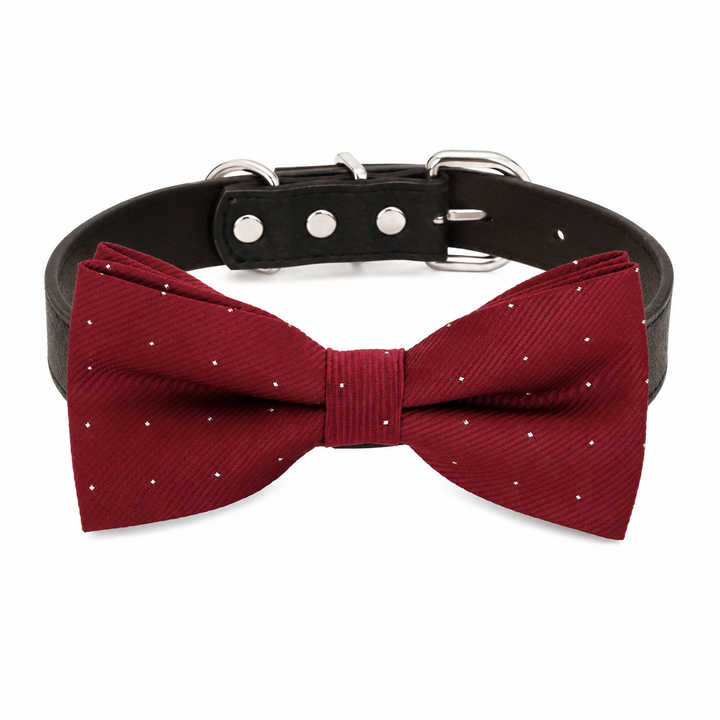 Burgundy Ring Bearer Wedding Dog Bow Tie Collar with Adjustable Black Vegan Leather Collar