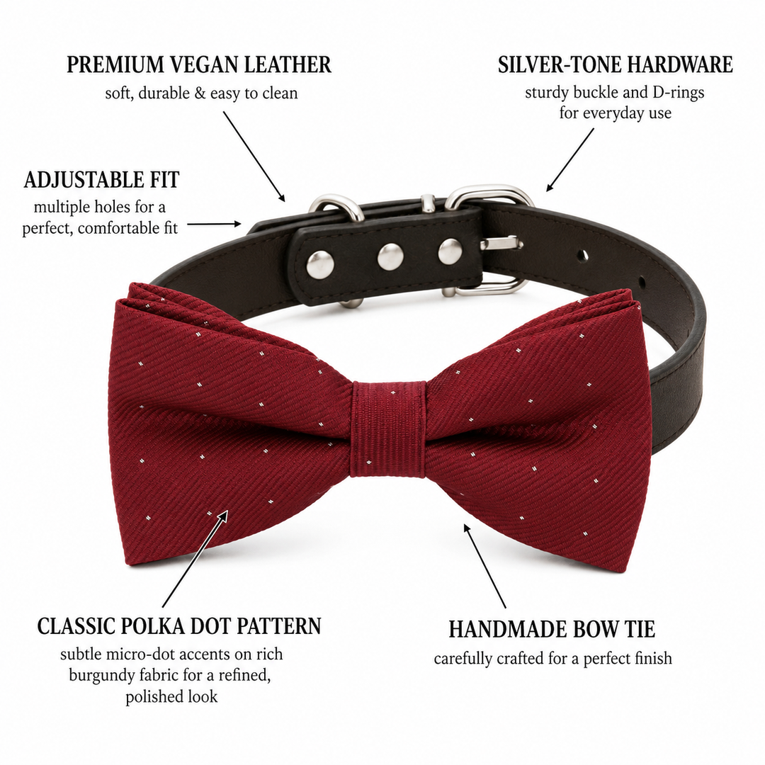 Burgundy Ring Bearer Wedding Dog Bow Tie Collar with Adjustable Black Vegan Leather Collar